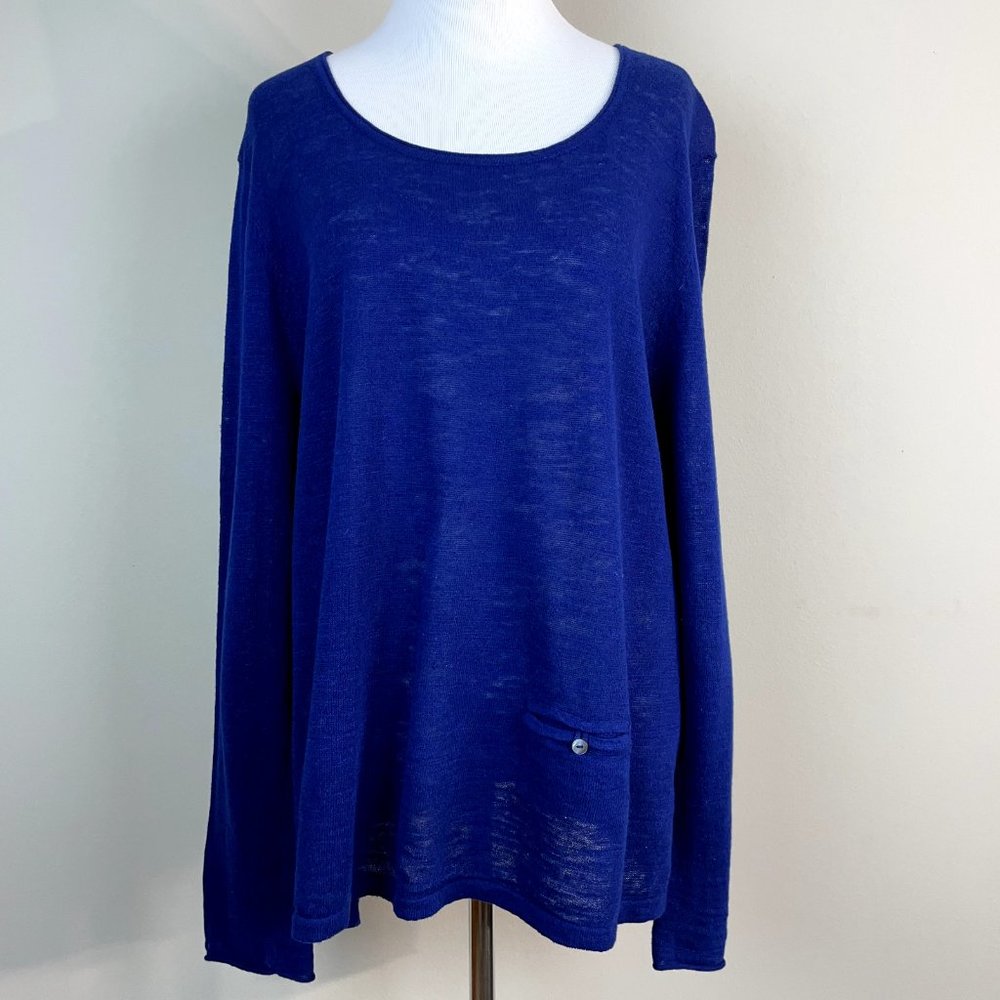 J Jill Sweater Womens Large Navy Blue Linen Cotton Scoop Neck Pocket Lightweight